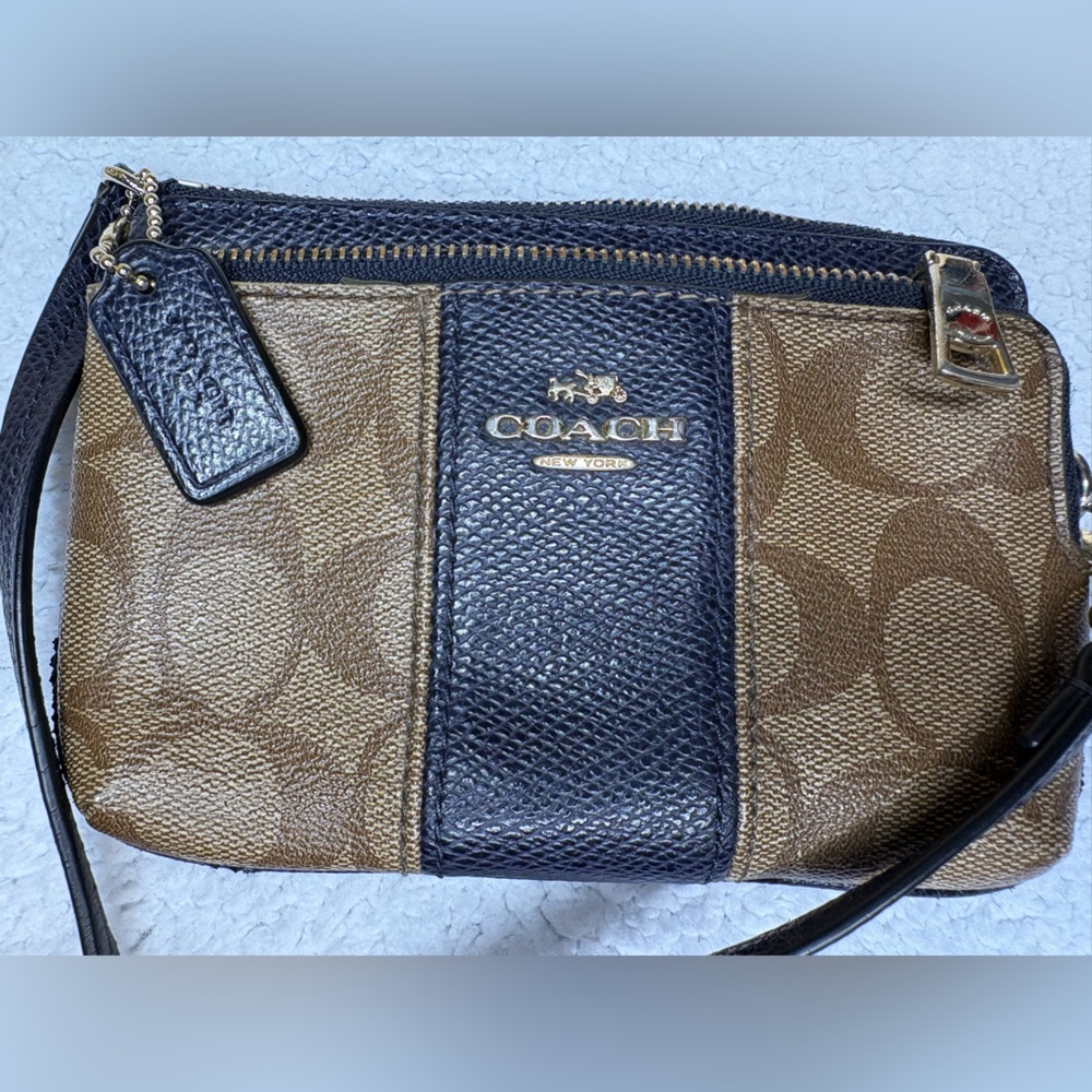 Coach Signature Tan and Black Wristlet